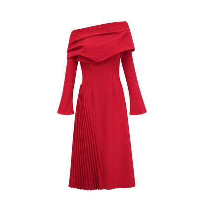 Cherry Red Off Shoulder Pleated Maxi Dress for Women - Serena