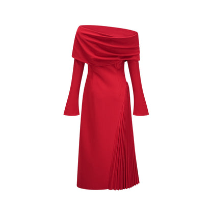 Cherry Red Off Shoulder Pleated Maxi Dress for Women - Serena