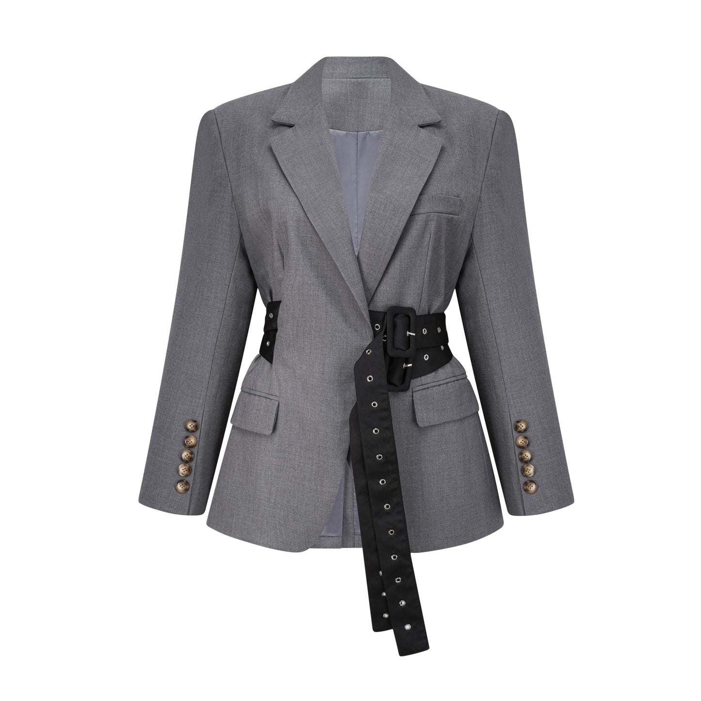 Grey Blazer with Belt and Pocket Detailing for Women - Francesca