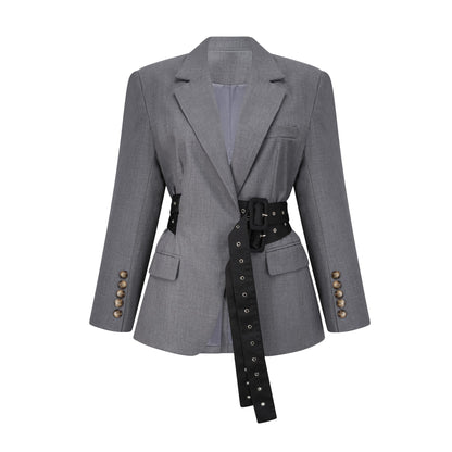 Grey Blazer with Belt and Pocket Detailing for Women - Francesca
