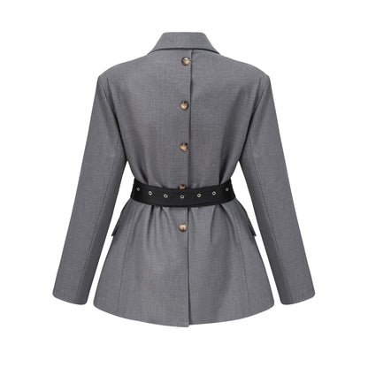 Grey Blazer with Belt and Pocket Detailing for Women - Francesca