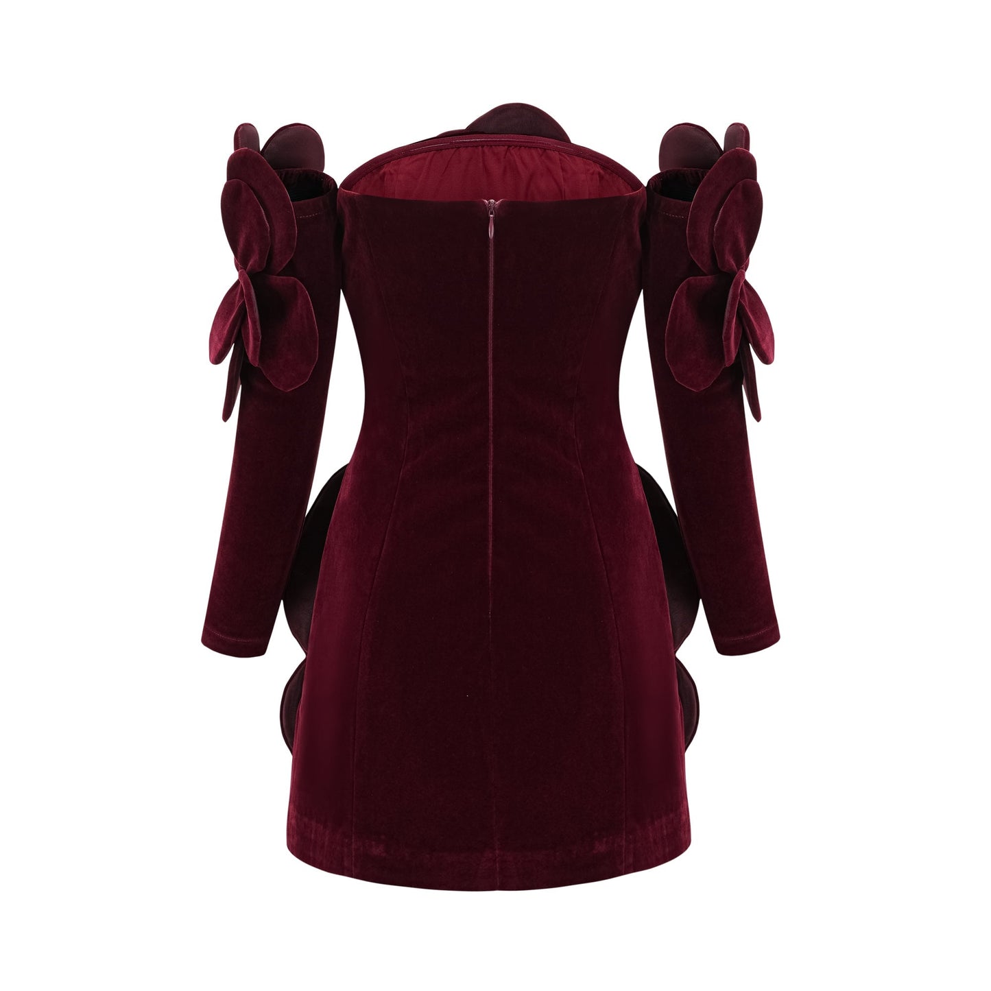 Burgundy Strapless Mini Dress with Velvet Flower Detailing for Women - Angelica