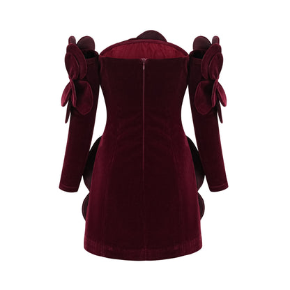 Burgundy Strapless Mini Dress with Velvet Flower Detailing for Women - Angelica