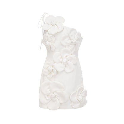 White Floral Appliqué Mini Dress with One Shoulder Strap for Women - Elena