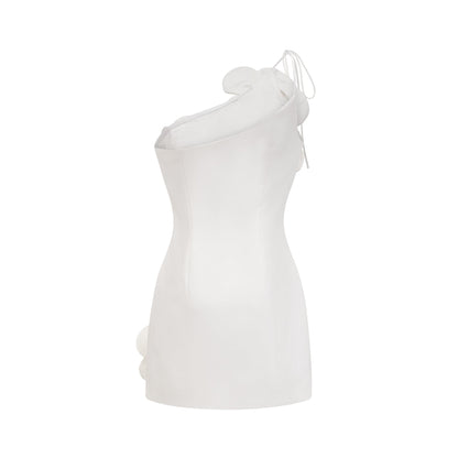 White Floral Appliqué Mini Dress with One Shoulder Strap for Women - Elena