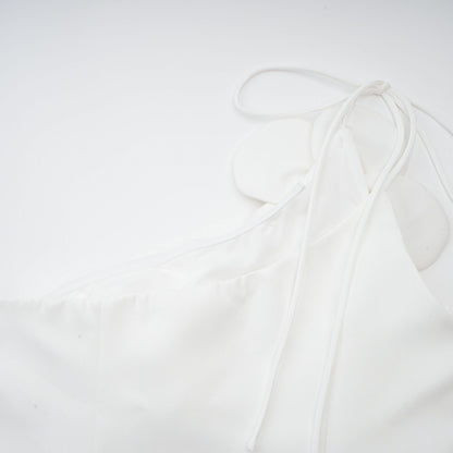 White Floral Appliqué Mini Dress with One Shoulder Strap for Women - Elena