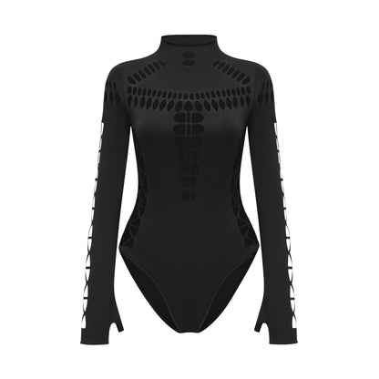 Black Cut-Out Bodysuit with Mesh Detail for Women - Rebecca