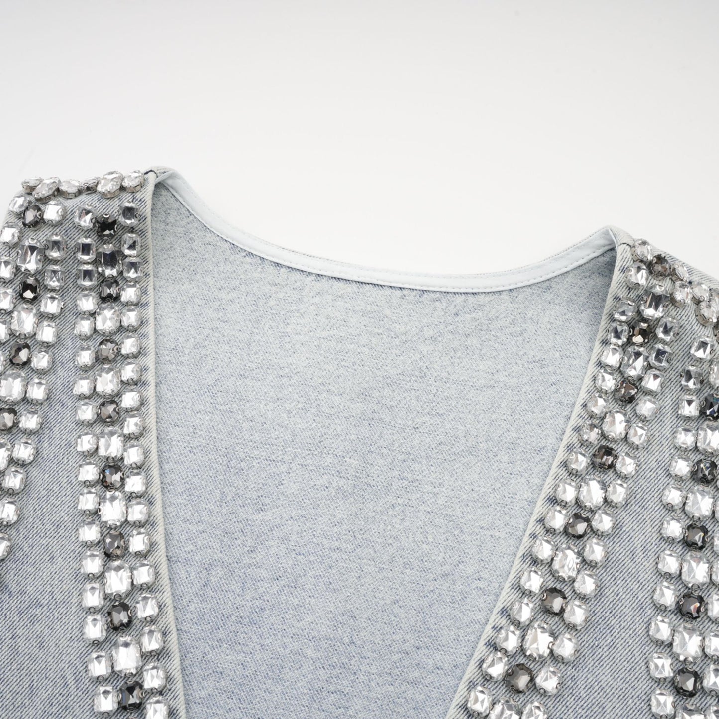 Light Blue Sleeveless Mini Dress with Rhinestone Trim for Women - Giusy