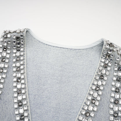 Light Blue Sleeveless Mini Dress with Rhinestone Trim for Women - Giusy