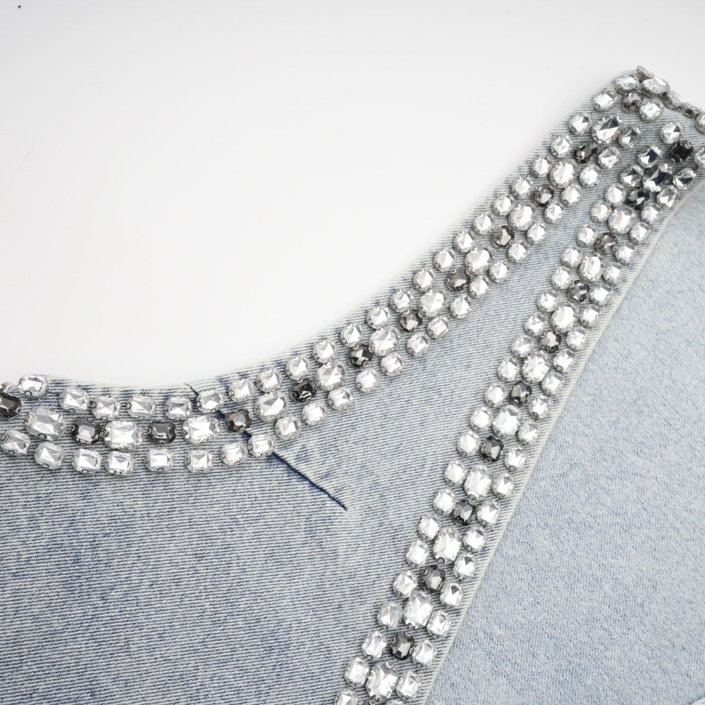 Light Blue Sleeveless Mini Dress with Rhinestone Trim for Women - Giusy