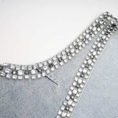 Light Blue Sleeveless Mini Dress with Rhinestone Trim for Women - Giusy