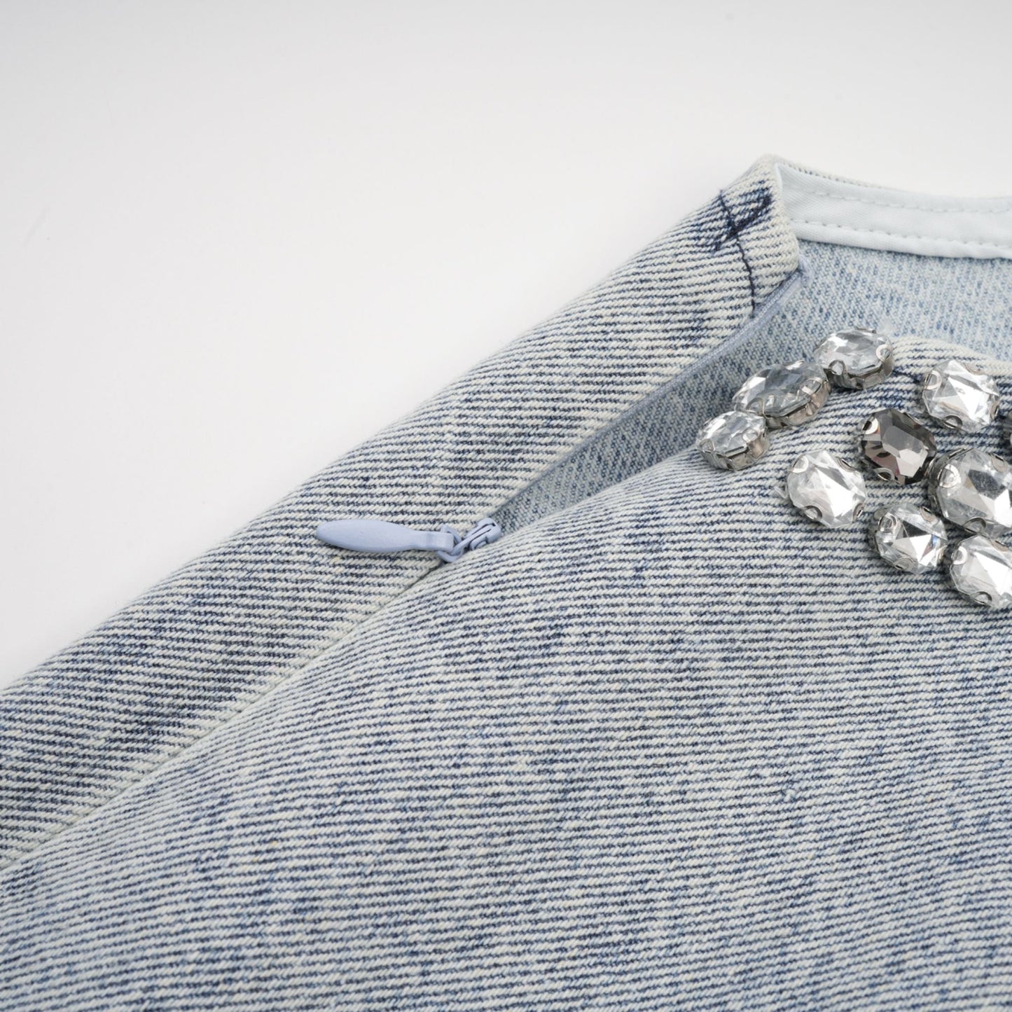 Light Blue Sleeveless Mini Dress with Rhinestone Trim for Women - Giusy