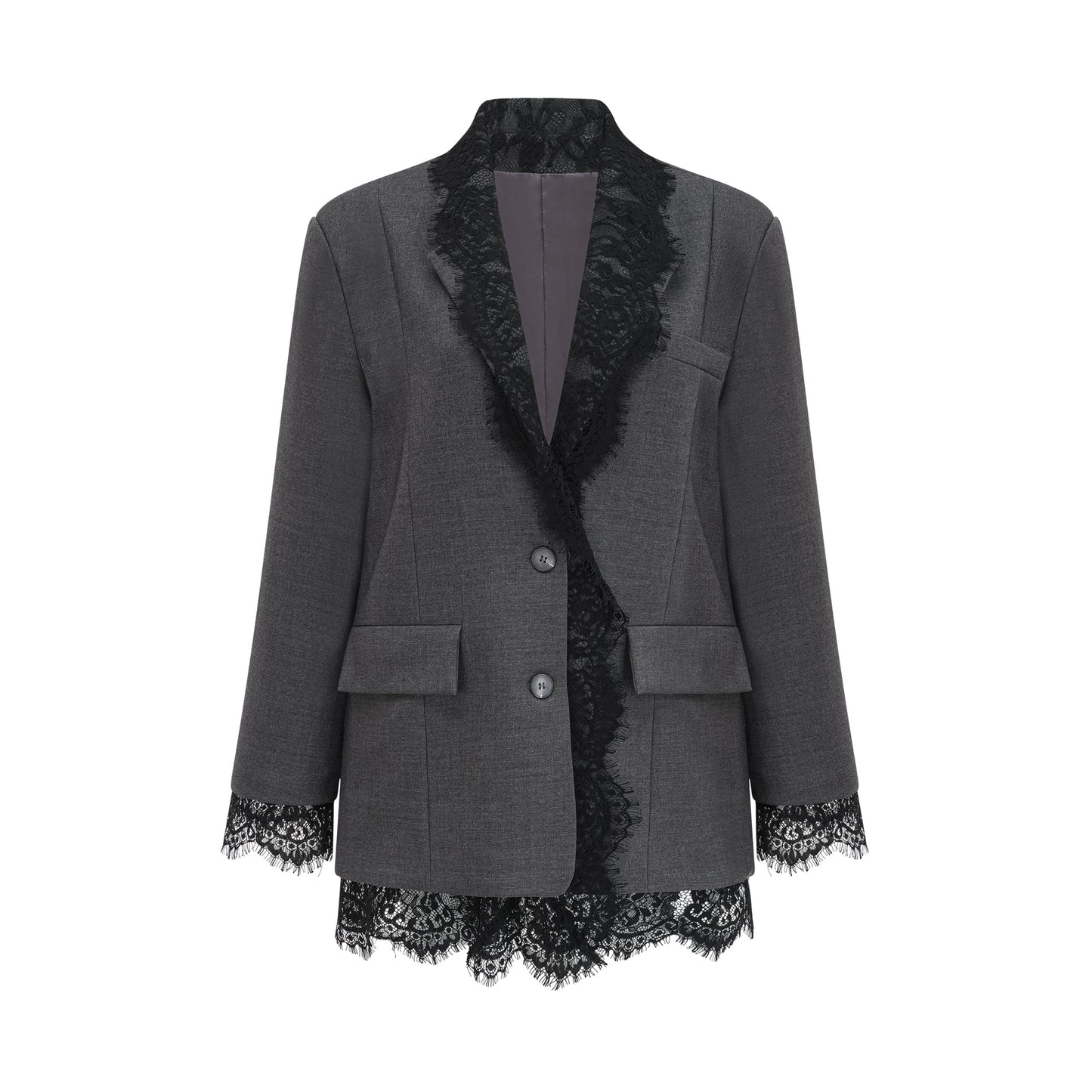 Charcoal Grey Lace Trim Blazer Jacket with Pockets for Women - Diana
