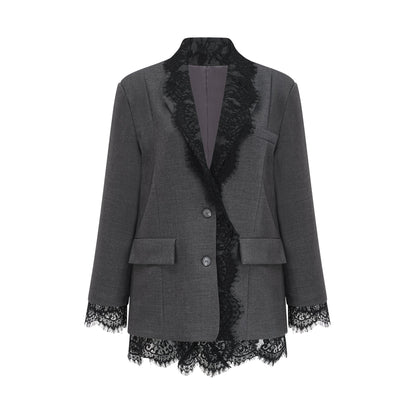 Charcoal Grey Lace Trim Blazer Jacket with Pockets for Women - Diana
