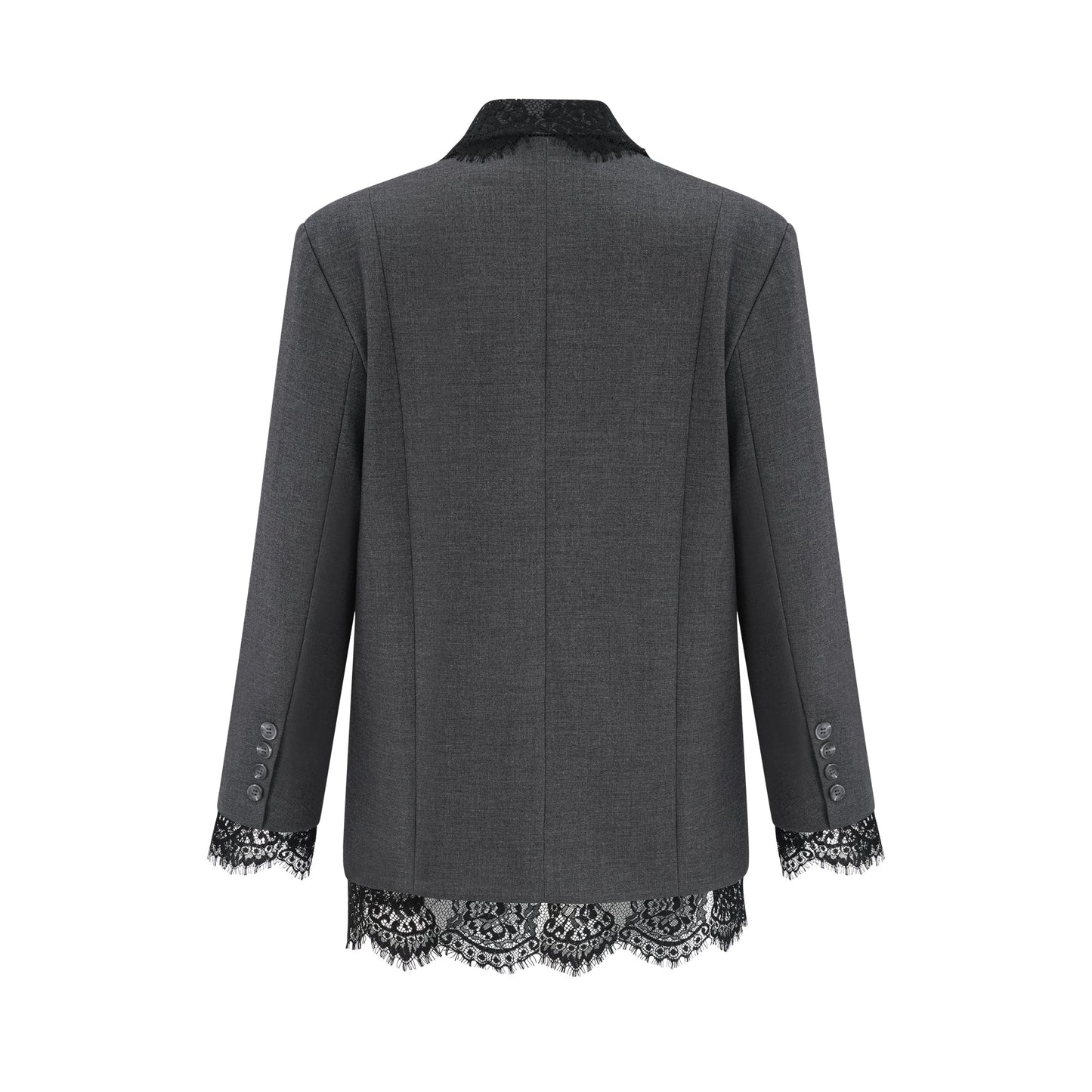 Charcoal Grey Lace Trim Blazer Jacket with Pockets for Women - Diana