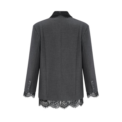 Charcoal Grey Lace Trim Blazer Jacket with Pockets for Women - Diana