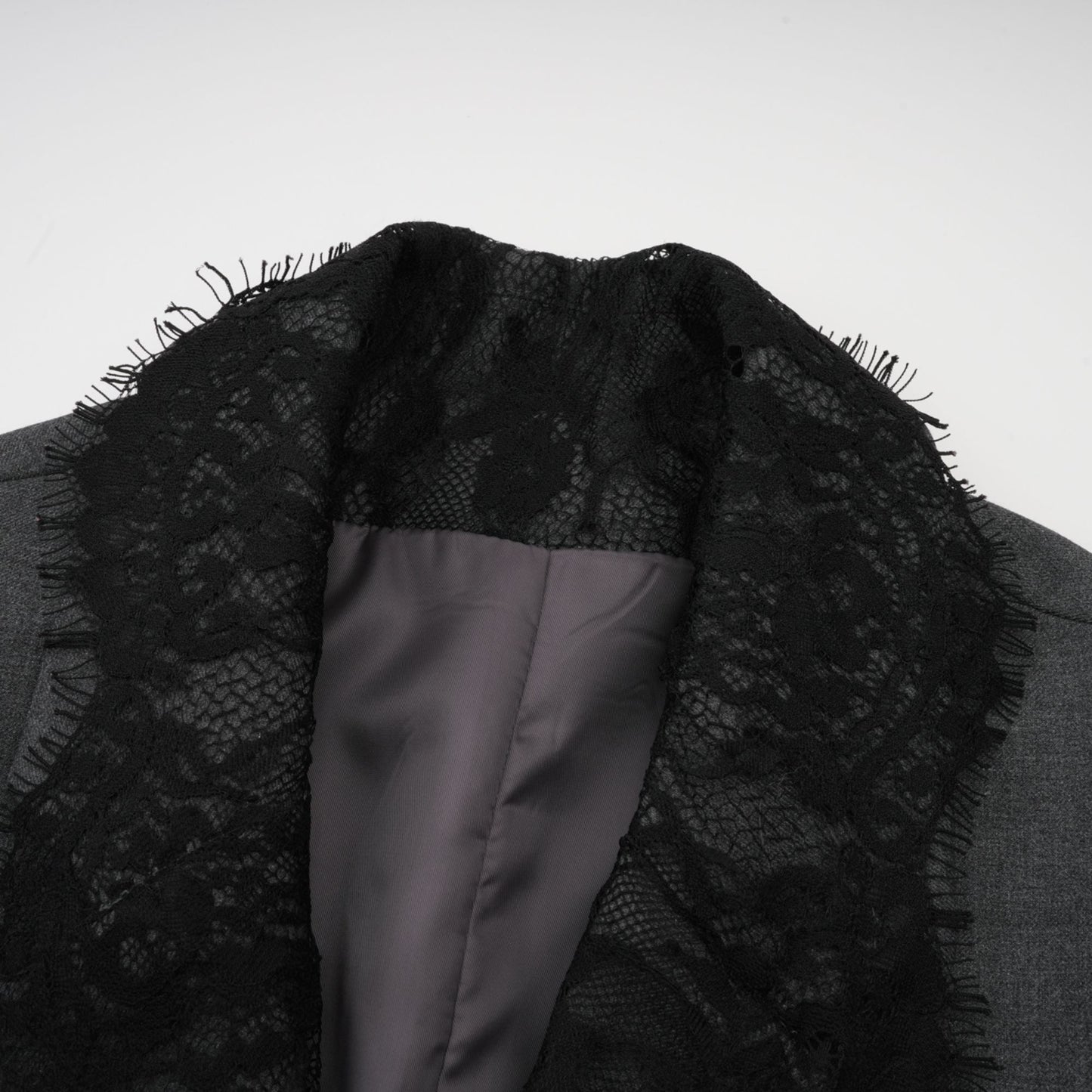 Charcoal Grey Lace Trim Blazer Jacket with Pockets for Women - Diana