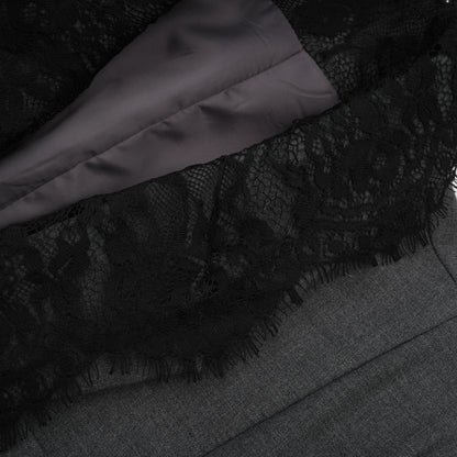 Charcoal Grey Lace Trim Blazer Jacket with Pockets for Women - Diana