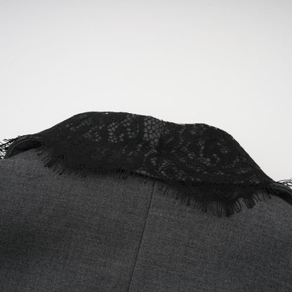 Charcoal Grey Lace Trim Blazer Jacket with Pockets for Women - Diana