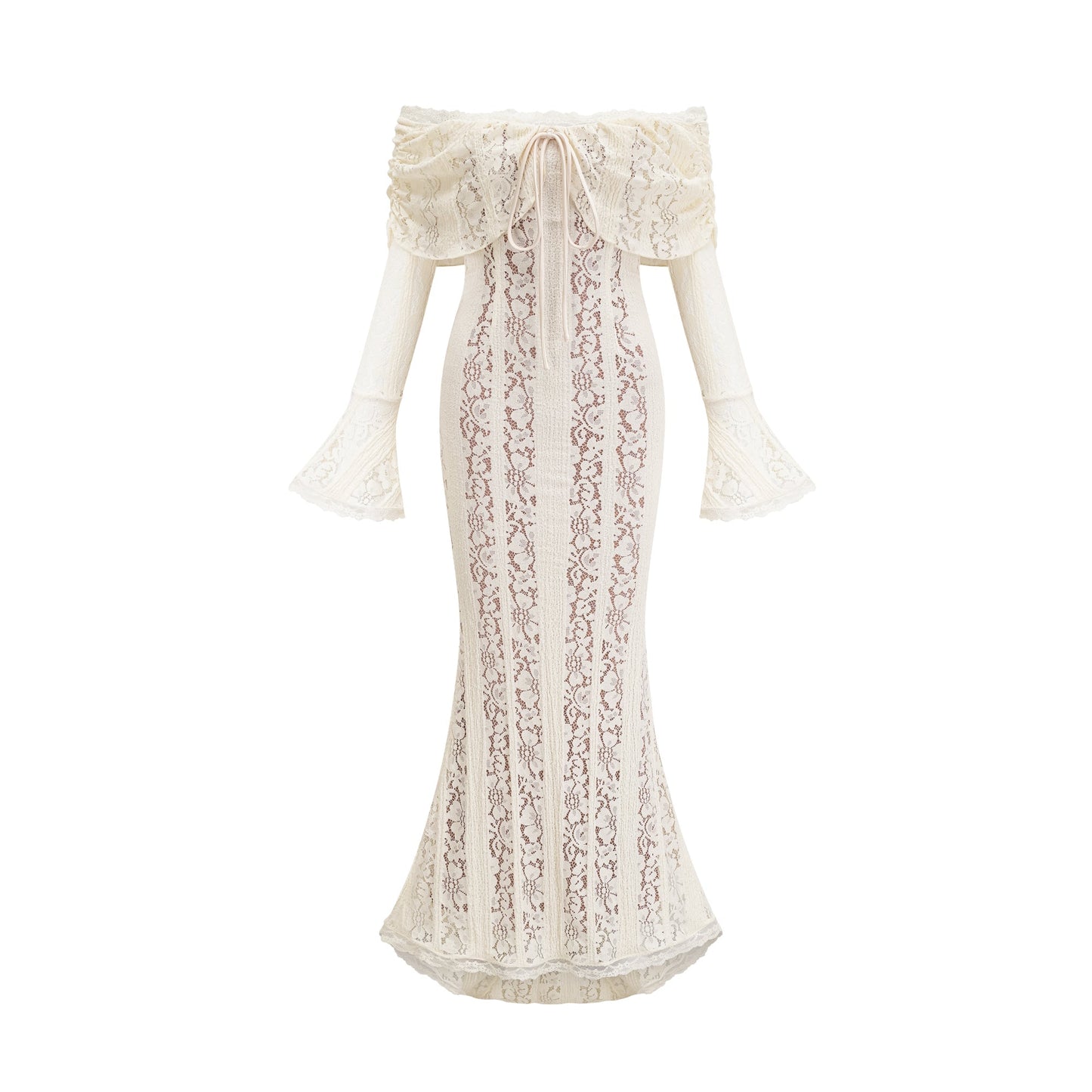 Ivory White Lace Maxi Dress with Off Shoulder Sleeves for Women - Lucrezia