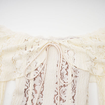 Ivory White Lace Maxi Dress with Off Shoulder Sleeves for Women - Lucrezia