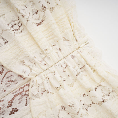 Ivory White Lace Maxi Dress with Off Shoulder Sleeves for Women - Lucrezia