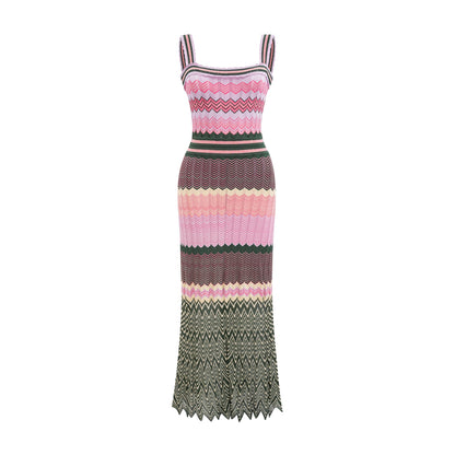 Multi-Color Knit Maxi Dress with Chevron Pattern for Women - Sabrina