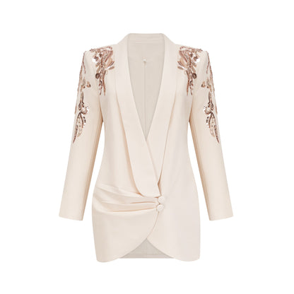 Ivory Embellished Blazer Mini Dress with Long Sleeves for Women - Teresa