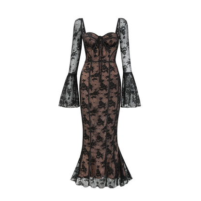 Black Lace Long Sleeve Maxi Dress with Tie Front for Women - Fiammetta