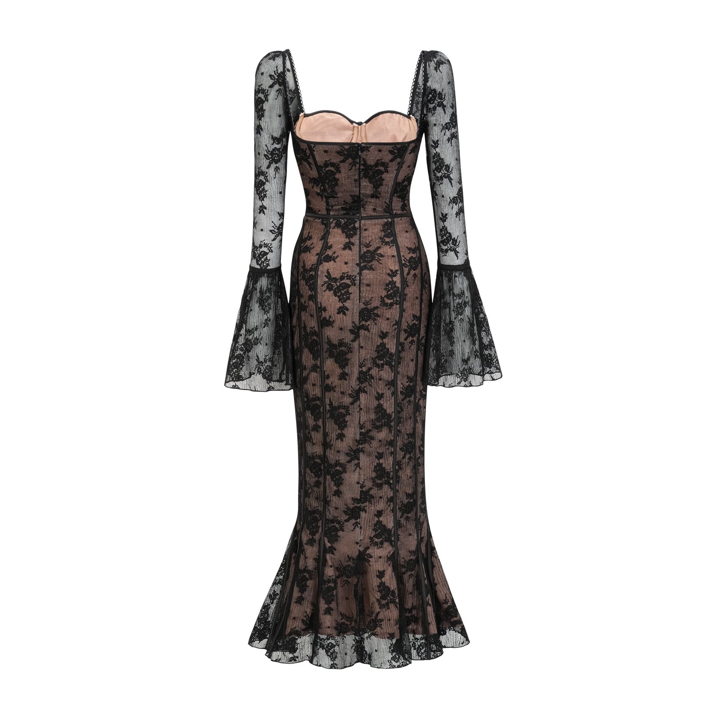 Black Lace Long Sleeve Maxi Dress with Tie Front for Women - Fiammetta