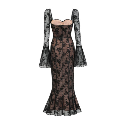 Black Lace Long Sleeve Maxi Dress with Tie Front for Women - Fiammetta