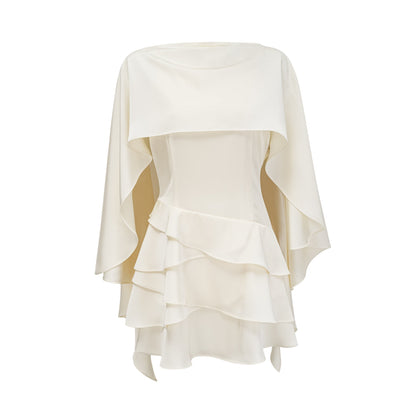 Ivory Layered Ruffle Mini Dress with Cape Sleeves for Women - Costanza