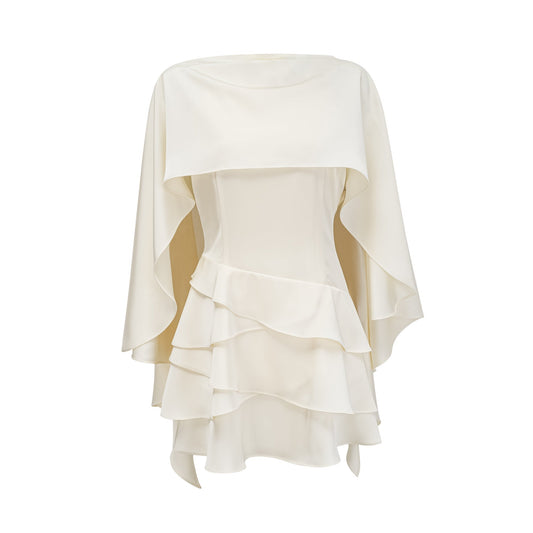 Ivory Layered Ruffle Mini Dress with Cape Sleeves for Women - Costanza