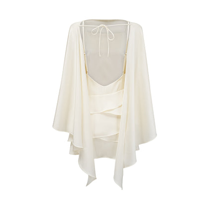 Ivory Layered Ruffle Mini Dress with Cape Sleeves for Women - Costanza