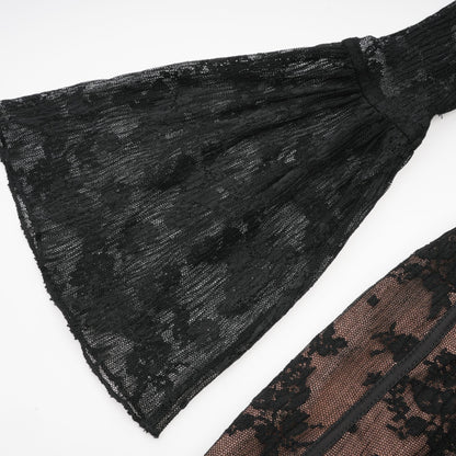 Black Lace Long Sleeve Maxi Dress with Tie Front for Women - Fiammetta