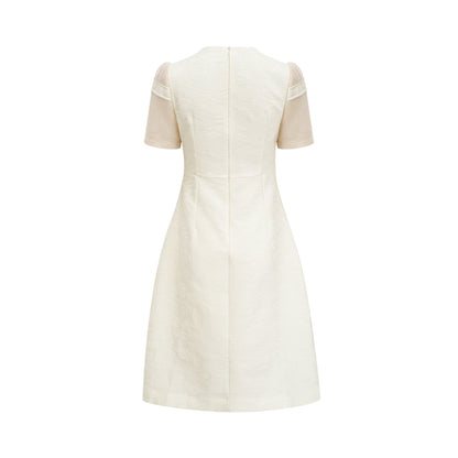 Ivory Mesh Panel Midi Dress with Floral Embroidery for Women - Liliana