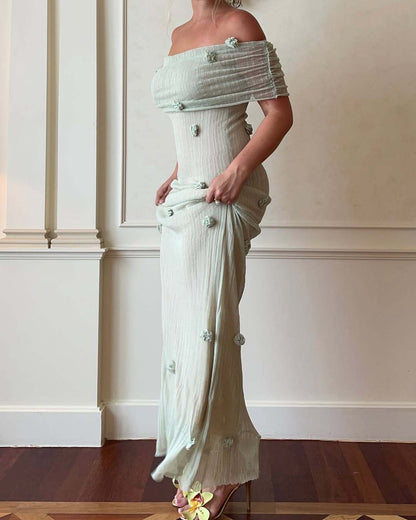 Ivory Off Shoulder Maxi Dress with Floral Detail for Women - Eliana