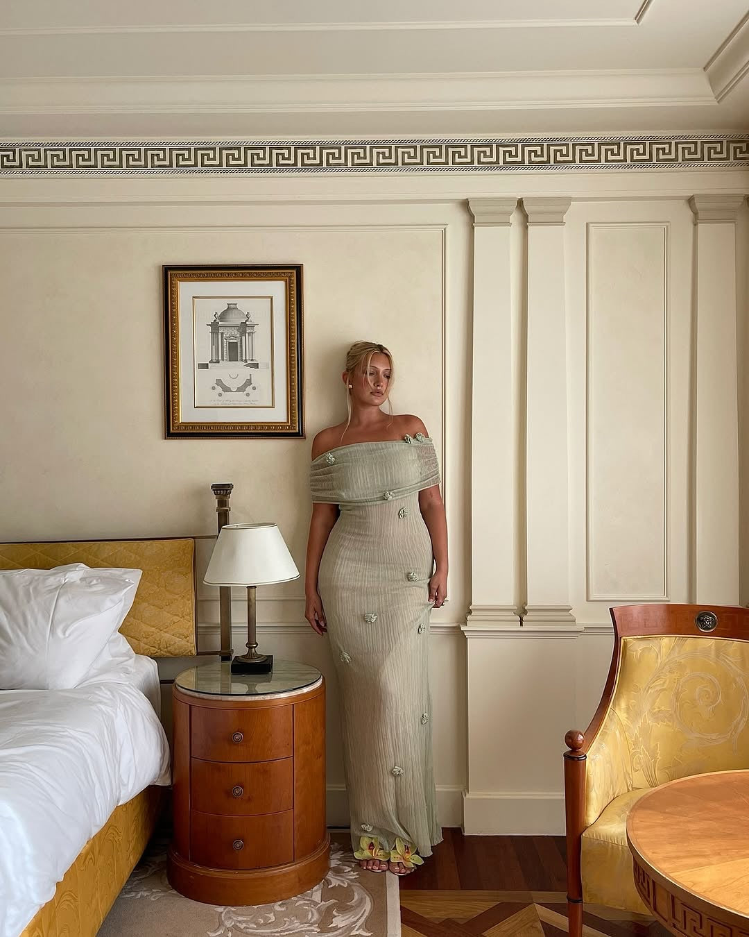 Ivory Off Shoulder Maxi Dress with Floral Detail for Women - Eliana