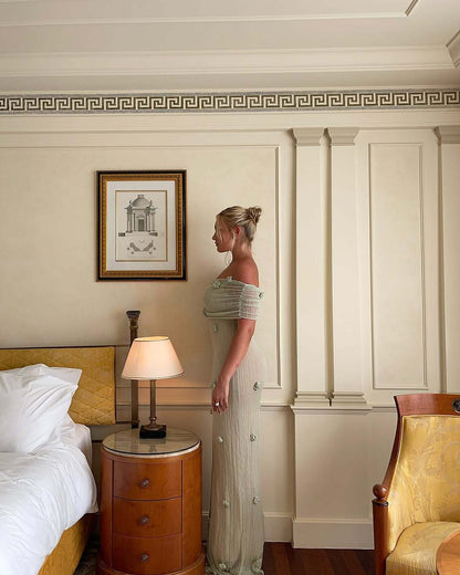 Ivory Off Shoulder Maxi Dress with Floral Detail for Women - Eliana