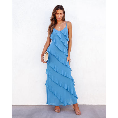 Ruffle Maxi Dress with Spaghetti Straps for Women - Pamela