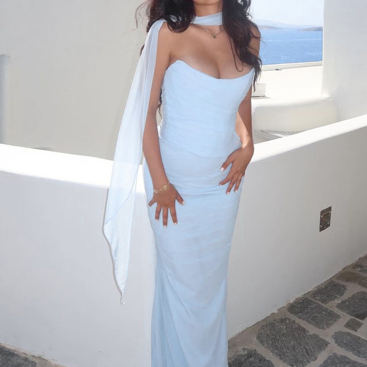 Strapless Maxi Dress with Scarf Detail for Women - Amalia