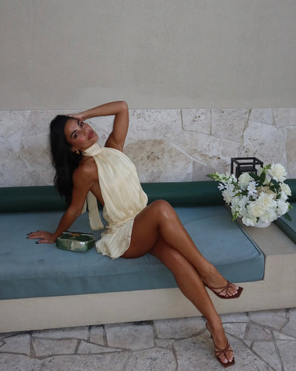 Champagne Pleated Mini Dress with High Neck for Women - Roberta