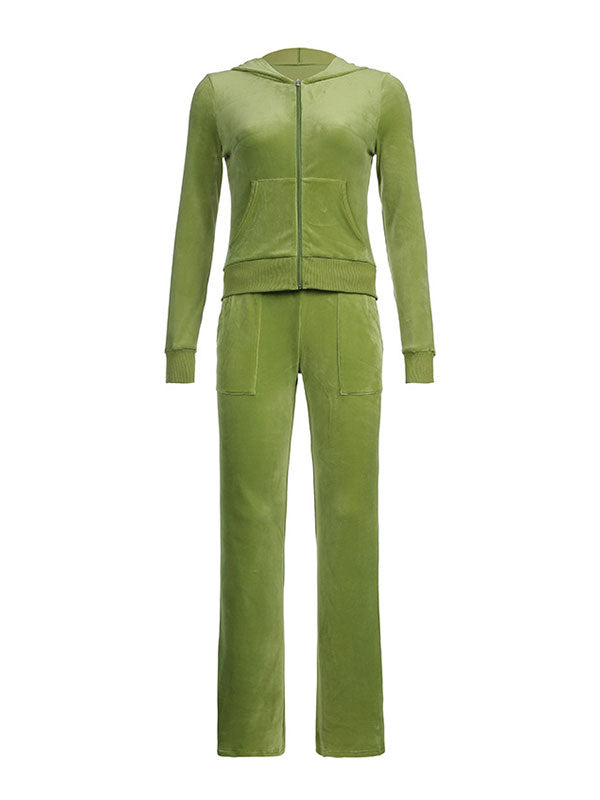 Green Vintage Velvet Tracksuit Set with Zip and Hood