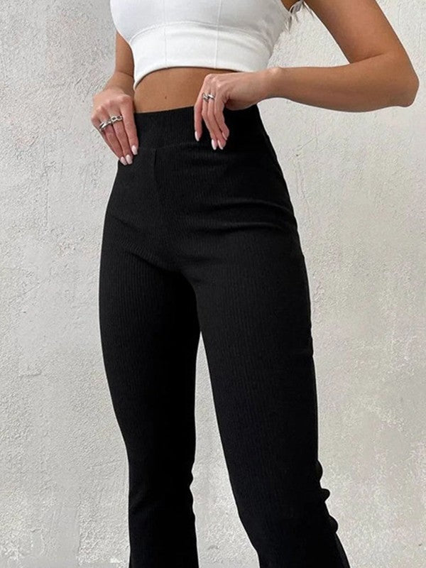 Black Y2K Stretchy Ribbed Flare Leg Pants