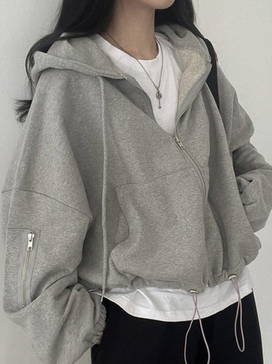 Grey Vintage Oversized Zip Up Hoodie with Drawstring