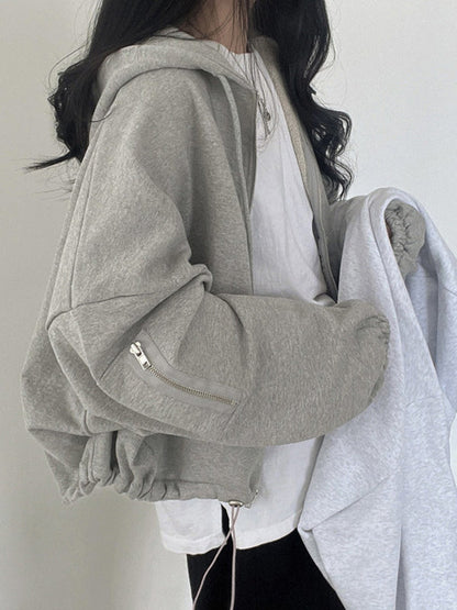 Grey Vintage Oversized Zip Up Hoodie with Drawstring