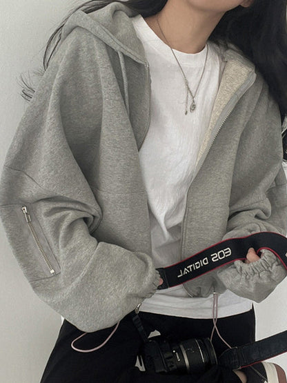 Grey Vintage Oversized Zip Up Hoodie with Drawstring