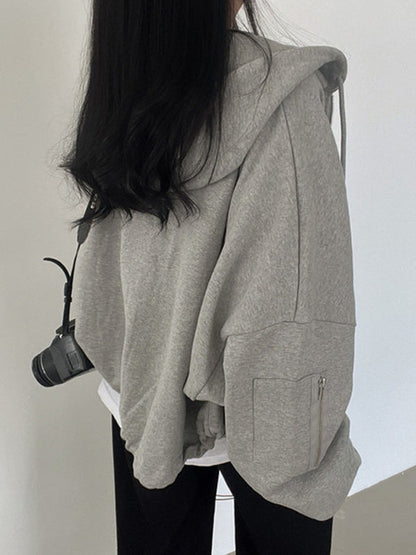 Grey Vintage Oversized Zip Up Hoodie with Drawstring