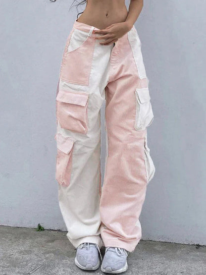 Pink Retro Patchwork Corduroy Cargo Pants