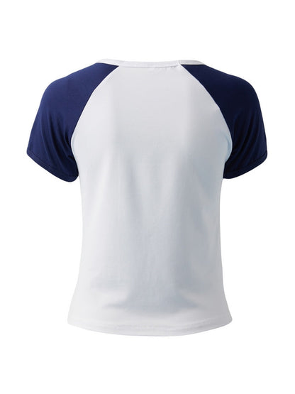 Blue Vintage Raglan Short Sleeve Crop Top with Letter Design